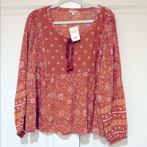Lucky brand floral, long sleeve peasant top NWT